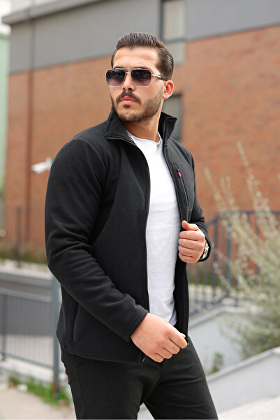 comstar Чоловічий зимовий трендовий чорний флісовий кардиган на блискавці з кишенями