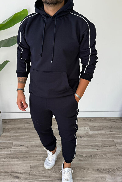 Tarz Cool Ανδρικό σετ με κουκούλα τσέπες καγκουρό με ρέλι στο κάτω μέρος και στο επάνω μέρος σε μπλε ναυτικό