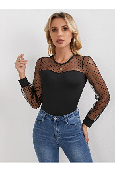 KİM Kİ O Black Polka Dots, Mesh and Lace Sleeves, Round Neck for Women