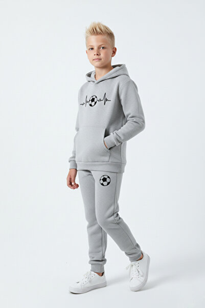 FYK KİDS 3 İplik Ş επένδυση fleece Winter Pulse Football B με τύπωμα Kangaroo Pocket K με κουκούλα Σετ αθλητικής φόρμας για αγόρια
