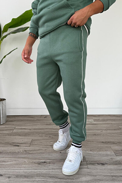 Tarz Cool Ανδρικό σετ με κουκούλα τσέπες καγκουρό με ρέλι στο κάτω μέρος, νεροπράσινο