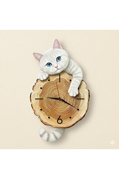 CajuArt Kütük Üzerinden Bakan Beyaz Kedi Tasarımlı Duvar Saati Modern Dekoratif Saat