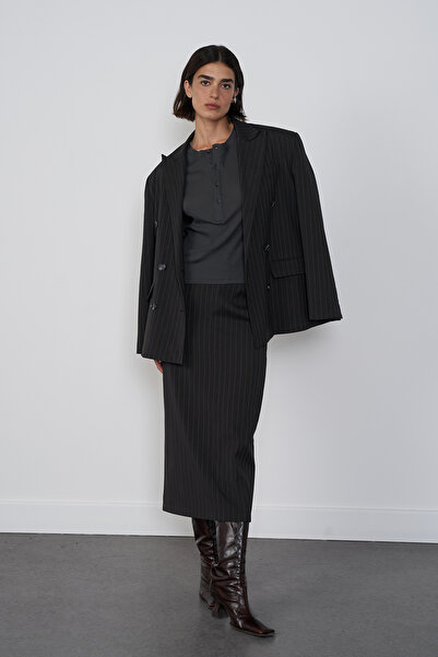 Beyyoglu Çizgili Midi Etek