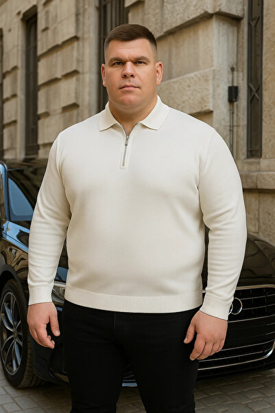 Maccali Men's Basic Plus Size White Zippered Sweatshirt