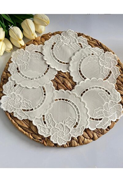İNCİ ÇEYİZ 6 Adet Keten Beyaz İş Delik İşi İşleme Kahve Yanı Kokteyl Peçetesi & Bardak Altlığı.