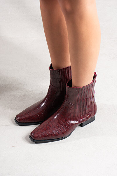 DESPİNA Kadın Kroko Desenli Kahverengi Kısa Topuklu Şık Bot – Western Modern Tarz