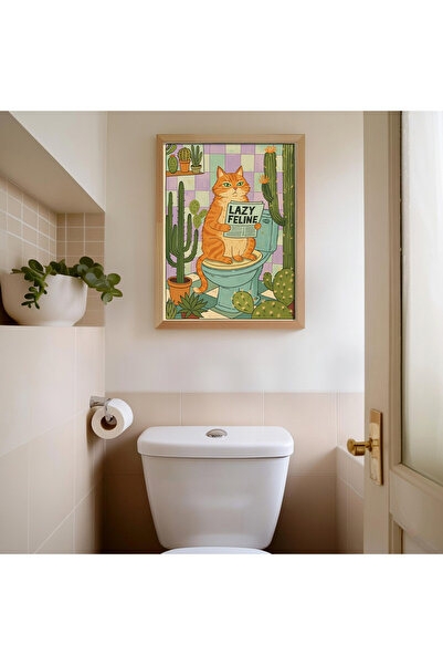 Creatick Design Kedili Mizah Tuvalet Dekor Tablosu – Tembel Kedi - Banyo Duva...