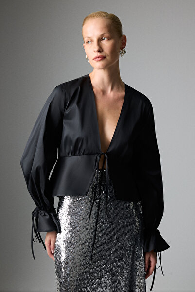 Roman Önü Bağlamalı Uzun Kol Tafta Bluz Siyah K2613024_001