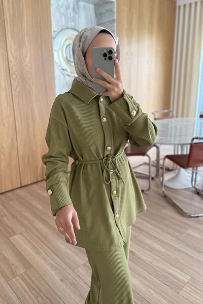 Ka Hijab Gold Düğme Detaylı Fitilli Takım - Yağ Yeşili