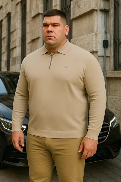 Maccali Men's Basic Plus Size Cream Zippered Sweatshirt