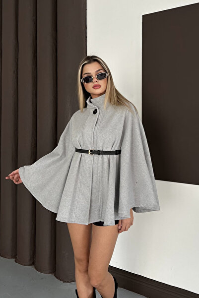 canzengın Button Detailed Cashmere Gray Poncho
