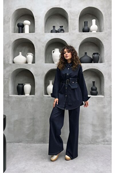 Cardella Seyyar Kemer ve Çanta Detaylı İkili Kadın Kot Takım | Pantolonlu Tesettür Uyumlu Jean Takım