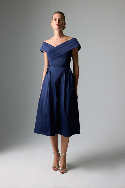 Roman Drape Detaylı Kayık Yaka Midi Boy Tafta Elbise Lacivert K2611507_015