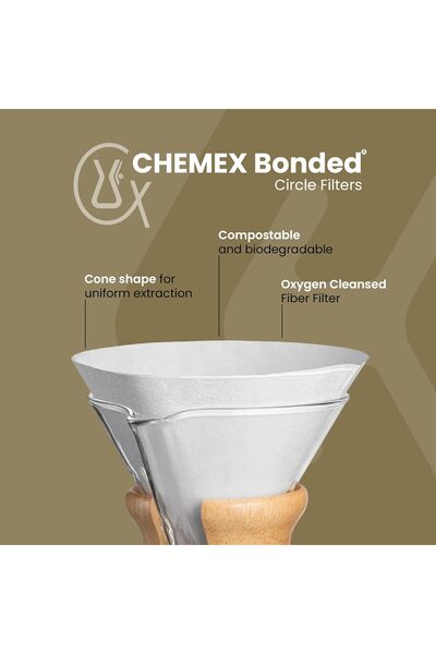 Chemex مرشحات القهوة، دوائر مرشح ورقية غير مطوية، مخروط 12 بوصة، 100 قطعة