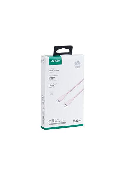 Ugreen USB-C 100W 5A QC PD Örgülü Hızlı Şarj Kablosu, 1 Metre, Pembe, 65251