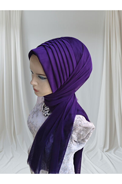 Nuray hazır duvak Purple Stretch Fabric Fabric Ready-Made Veil Ready-Made Shawl Ready-Made Turban (Eggplant Purple)