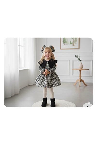 Tinypeople Kız çocuk siyah ekose elbise kız çocuk yaka detaylı kışlık elbise çocuk bayramlık yılbaşı elbisesi