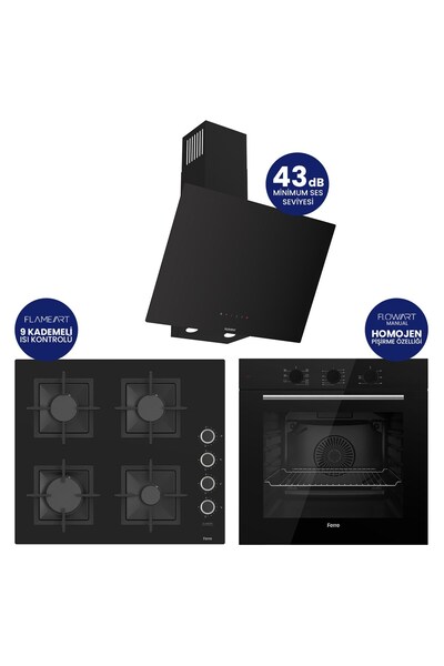 Ferre Flowart Turbolu Siyah Cam Silentart Ankastre Set ( Kaymaz Döküm Izgara ) QBL62CS - SC205 - D077SA