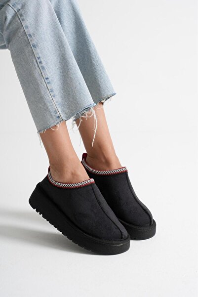 Adım Dünyası Cizme și papuci de casă pentru femei/fete Negru închis Talpă groasă Maro Interior din piele intoarsa cu blană