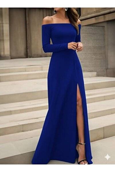 JANES Γυναικείο μακρυμάνικο φόρεμα από κρεπ εισαγωγής με λεπτομέρεια με σχισμή με λαιμόκοψη Madonna