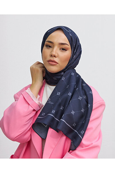 Silk Home Monogram desenli %100 Twill İpek Şal - Lacivert-Gri