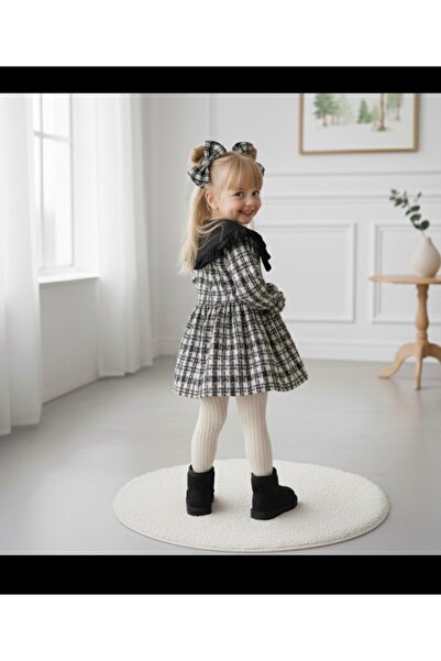 Tinypeople Kız çocuk siyah ekose elbise kız çocuk yaka detaylı kışlık elbise çocuk bayramlık yılbaşı elbisesi