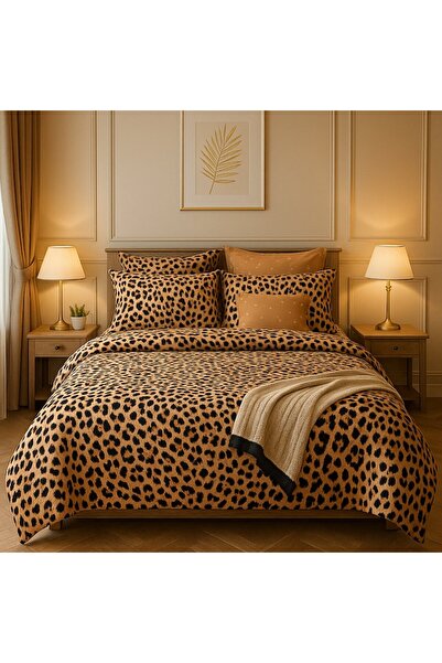Set de lenjerie de pat dublu, 6 piese, imprimeu leopard, bumbac moale, 200x230 cm, bej/auriu miniatura 2