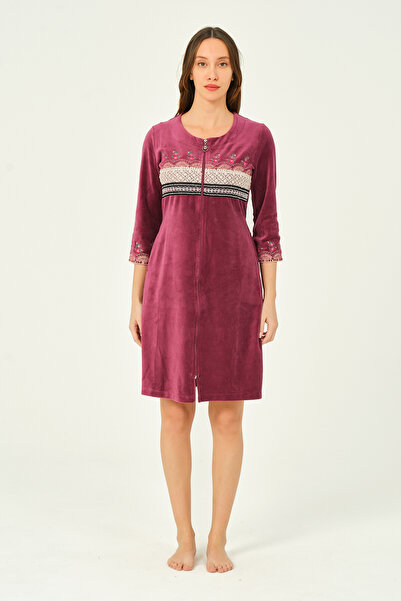 İntensive Embroidery And Lace Detailed Cotton Velvet Dress With Zipper Pockets