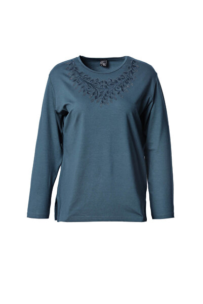 Trikolay بلوزة نسائية كبيرة الحجم بأكمام طويلة من القطن الممشط مع تفاصيل حجري...