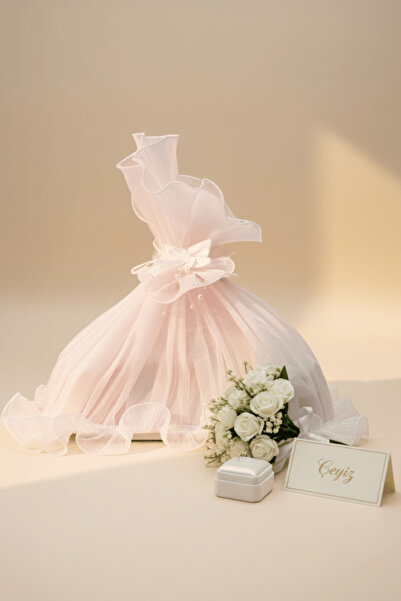 BYC Home & Design Piliseli Tül Bohça – Gümüş Brodeli, Gelin ve Damat Çeyizlik Süs Bohçası