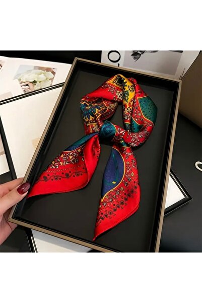 Accessories Hei Red Square Patterned Stylish Silk-Look Women's Accessory Scarf Foulard