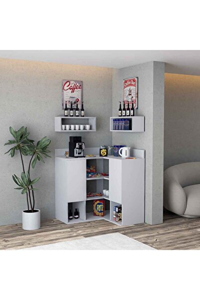 Stylish Home White Corner Coffee Corner with Modern Shelves - RC05