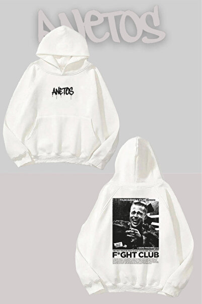 Anetos Fight Club Printed Back Hooded White Sweatshirt