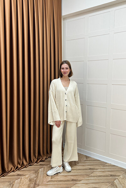 Stilife Κρέμα Σετ Πλεκτών Ζακέτας Galata κοτλέ