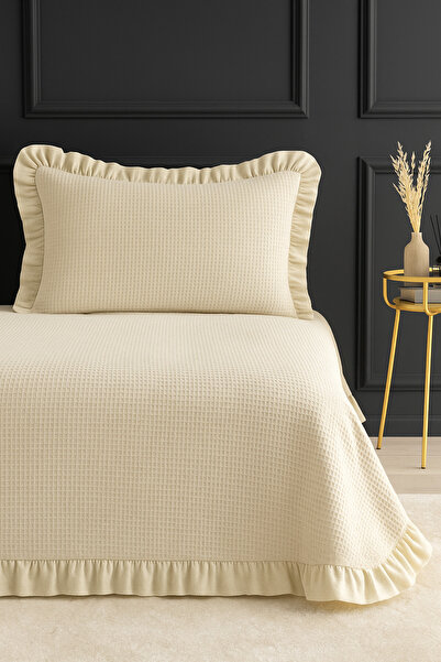 POMELO HOME Tek Kişilik Petek Dokulu %100 Pamuk Fırfırlı Yatak Örtüsü Takımı | Ekru Waffle Cotton Set