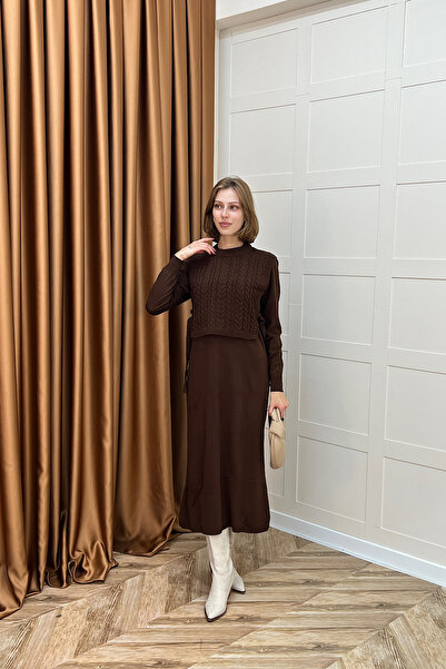 Stilife Φόρεμα Barles Διπλό Πλεκτό Καφέ