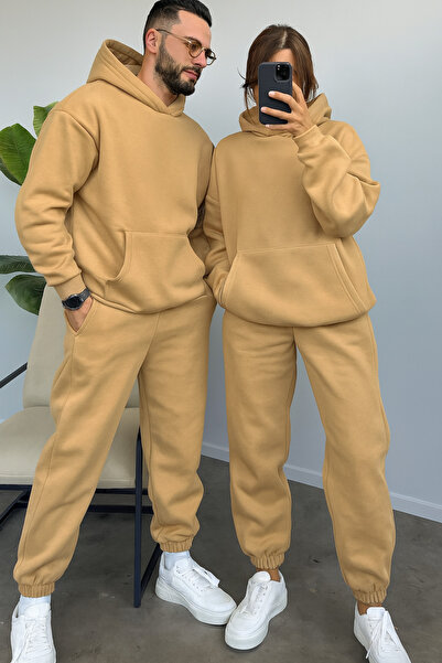 YAKAMEL Kadın Erkek Trend Model Çiftlere Özel 3 Iplik Oversize Kışlık Kalın E...