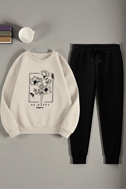 uyguntarz Unisex Ribbon Design Printed Crew Neck Sweatshirt 2-Piece Tracksuit Set