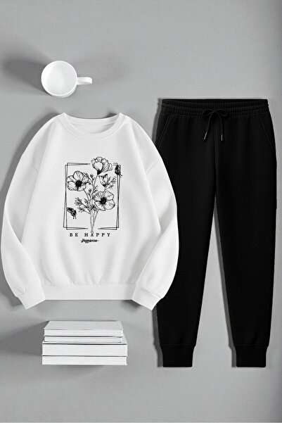 uyguntarz Unisex Ribbon Design Printed Crew Neck Sweatshirt 2-Piece Tracksuit Set