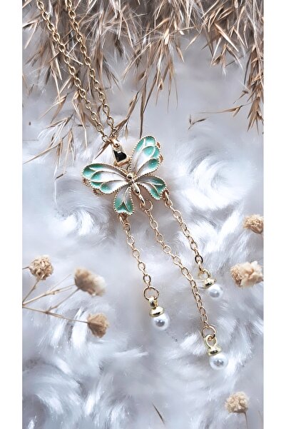 Serenity قلادة فولاذية على شكل فراشة مطلية بالمينا باللونين الأخضر والأبيض