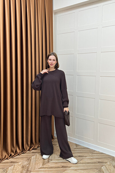 Stilife Dilşah Ангора комплект с двойна плетена материя, кафяв