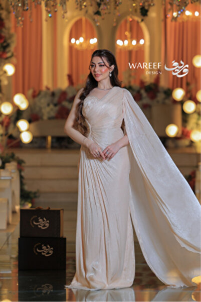 WAREEF FASHION Beige Evening Dress with Pearl Belt