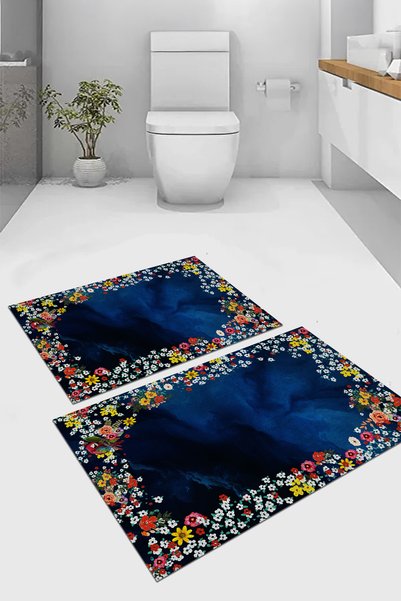 EVİMSEN Digital Printed Washable and Non-Slip Based Floral Model Bath Mat Toilet Set