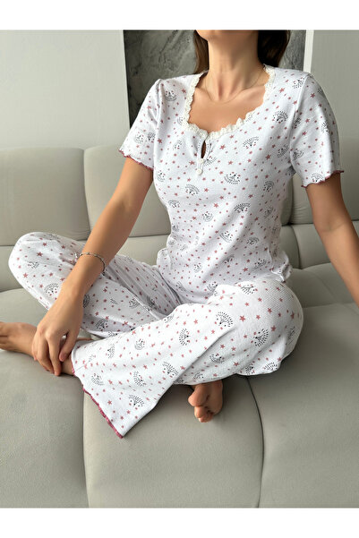 HATEX طقم بيجامة من القطن المضلع بأكمام قصيرة مع تفاصيل من الدانتيل