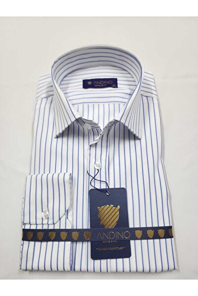 ANDINO Regularfit Mavi Çizgili Erkek gömlek Likralı esnek kumaş Yaka alttan d...