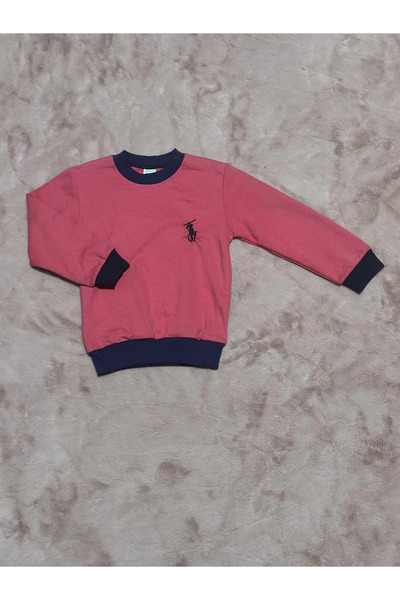 BYDNZ SHOP 1-7 Years Old Armalı Crew Neck Navy Blue Piped Sweatshirt Fuchsia