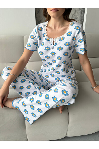 HATEX Patterned Corded Cotton Lace Detailed Short Sleeve Pajama Set