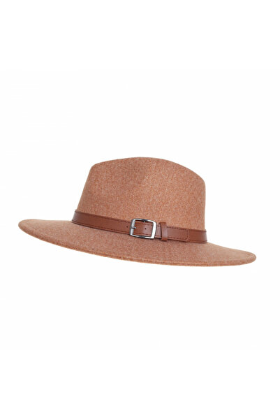 FashionForYou Parys women's hat, with wide brim, high crown and -leather strap, Brown, Hat