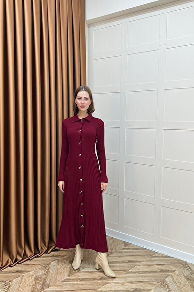 Stilife Πλεκτό φόρεμα με κουμπιά Endam Βουργουνδίας