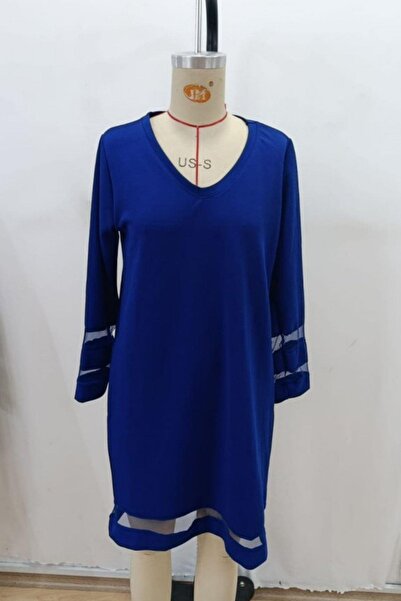 Mossta V-Neck Tulle Striped Detail Short Dress - Cobalt